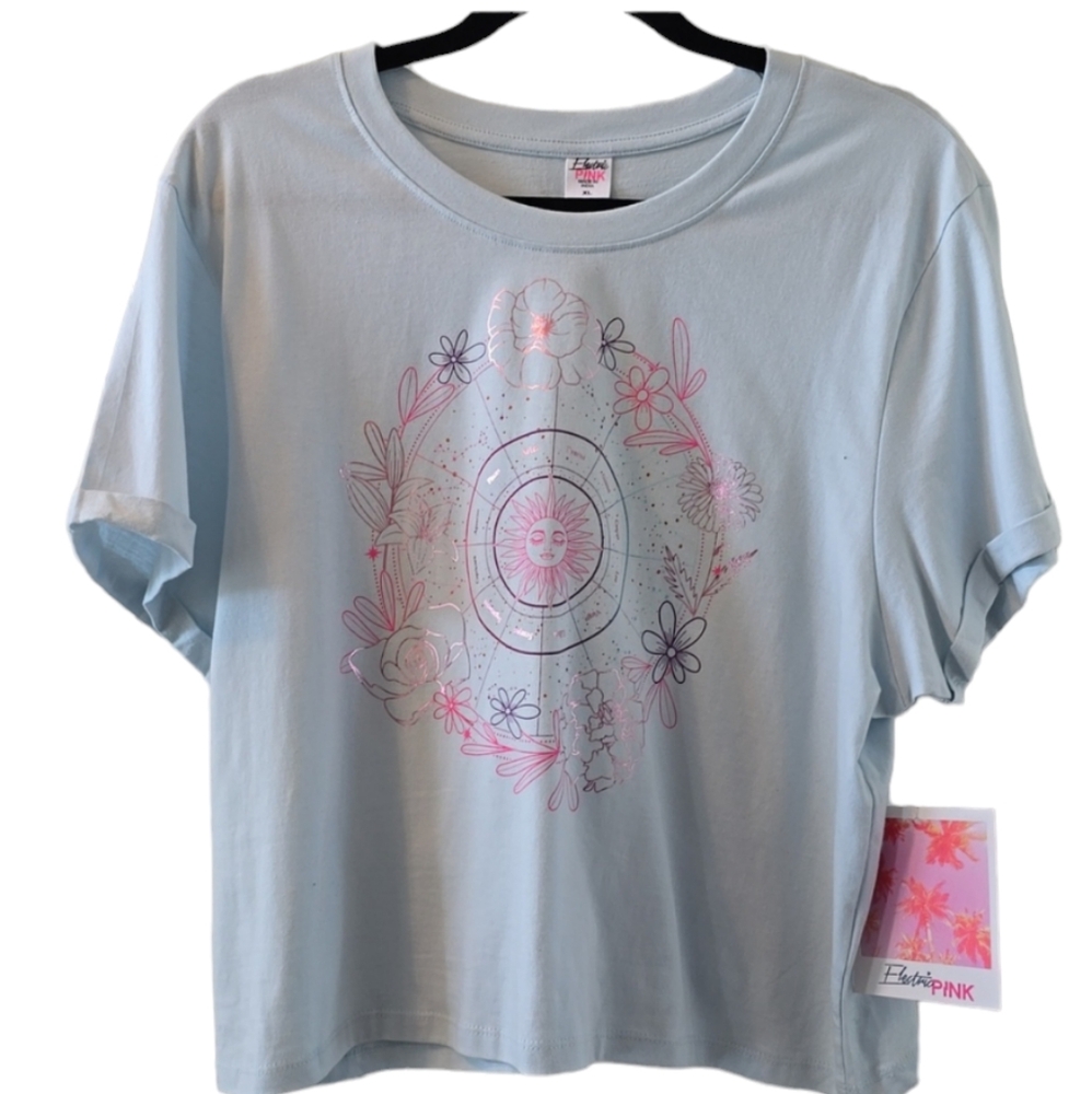 ELECTRIC PINK BRAND WOMENS BLUE ZODIAC SIGNS CROP TOP TEE-SHIRT SIZE XL